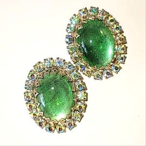 LARGE GREEN MIRROR BACKED CLIP EARRINGS